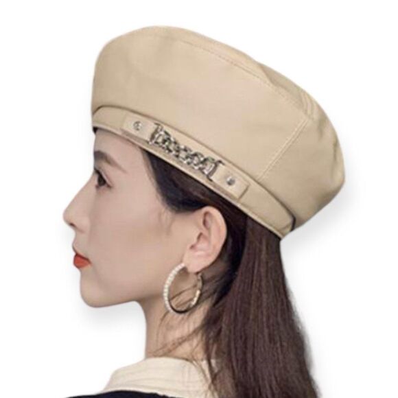Sand Tan Leather Silver Chunky Chain Beret NEW - Picture 3 of 3